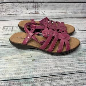 Clarks Strappy Leather Sandals Pink 9M Comfort Woven Ankle Strap Summer Shoe